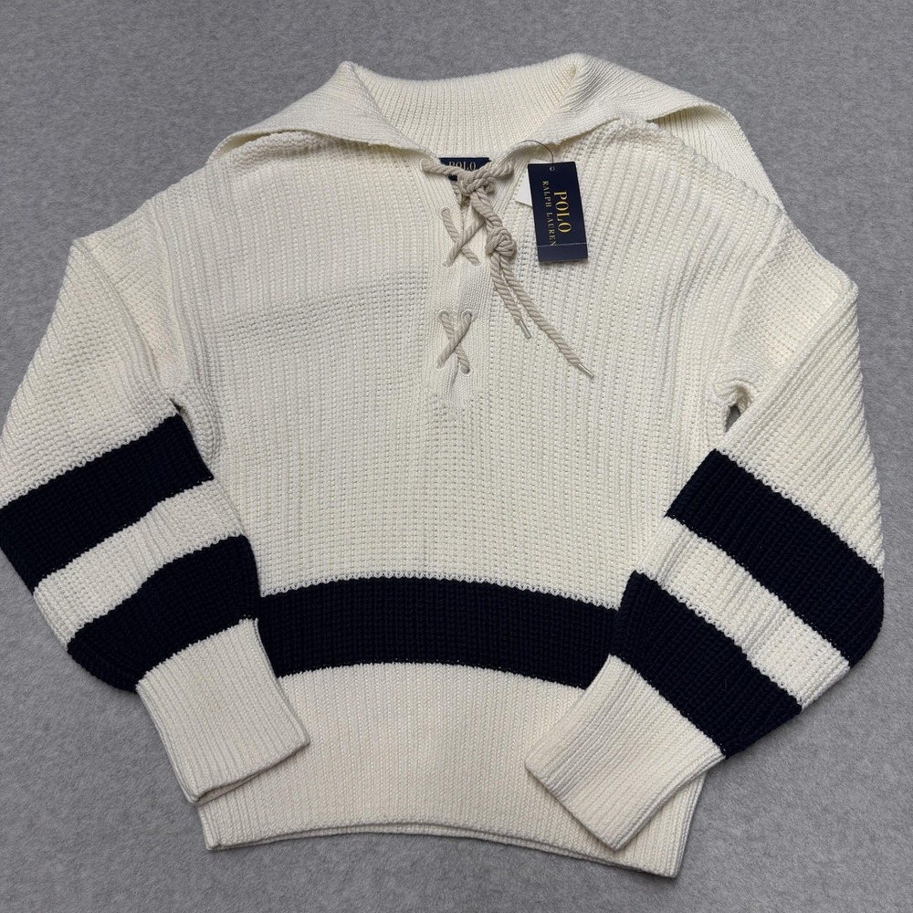 Polo Ralph Lauren Sweater Womens Small White Striped Nautical Lace Up Pullover